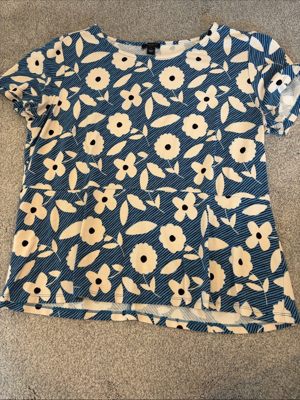 Ann Taylor Girls' Blue and Cream Floral Short Sleeve Tee